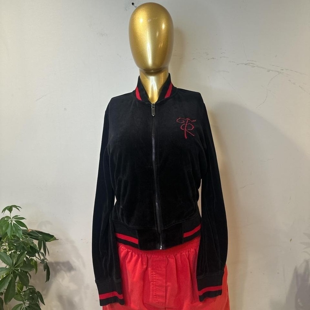 True Religon Velour Velvet Bomber Jacket Black & red zip-up jacket SMALL - Picture 8 of 8